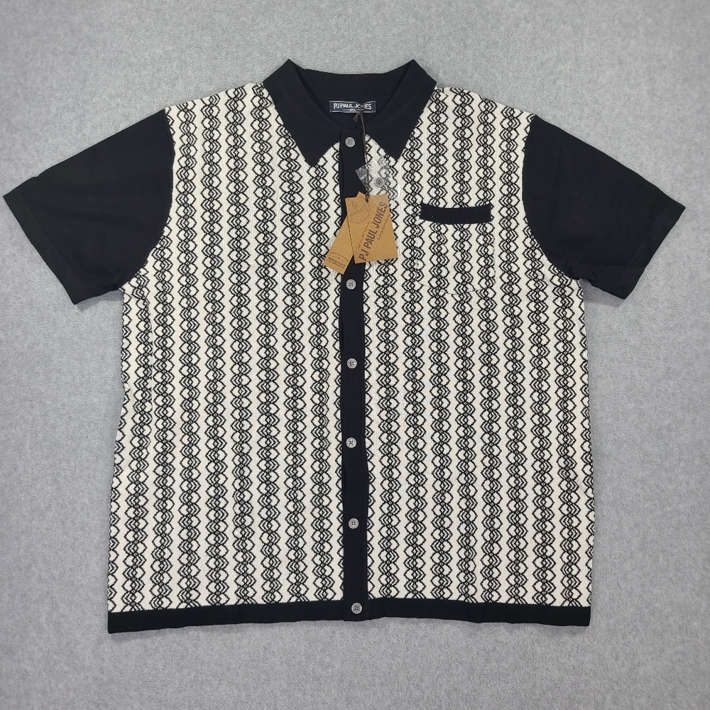 PJ Paul Jones Sweater Button Shirt Mens 2XL SS Black White Geometric Print